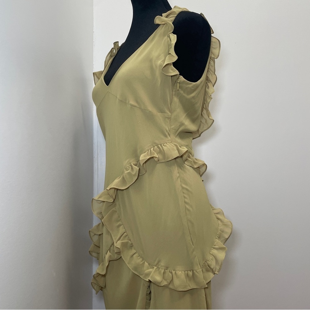 House of CB- PIXIE Olive Ruffle Maxi Dress Size Large Green V Neck Summer - Picture 9 of 15